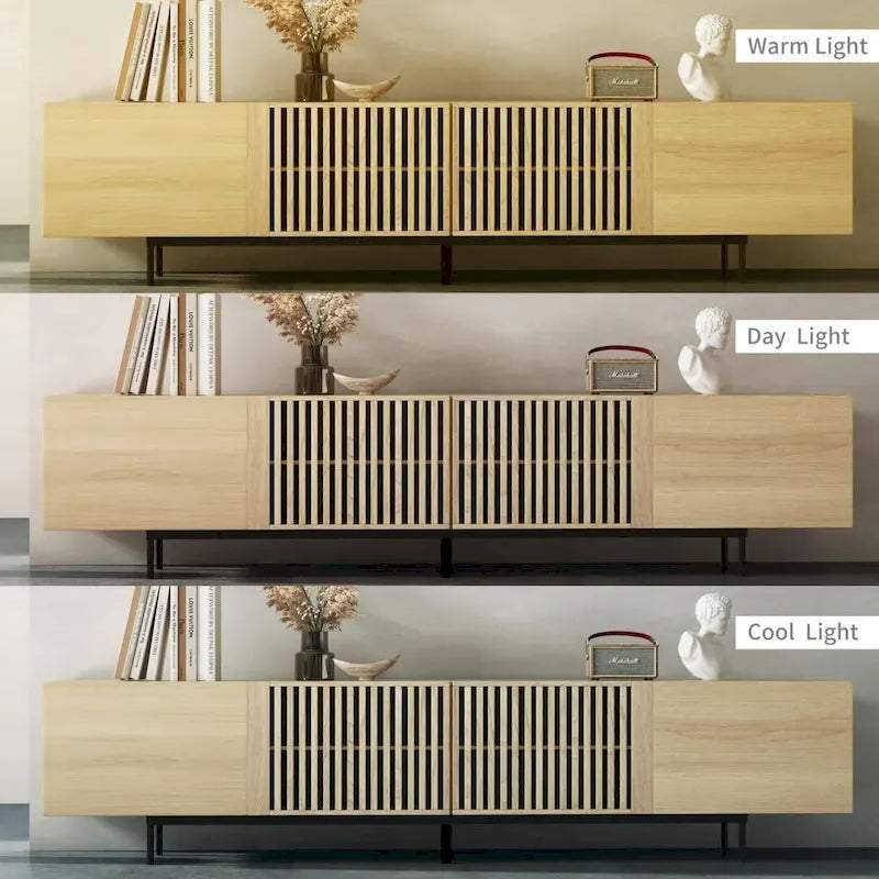 Meuble TV moderne élégant de style milieu de siècle pour téléviseurs jusqu'à 80 pouces. Grand espace de rangement pour appareils multimédias, gestion des câbles. Montage facile.