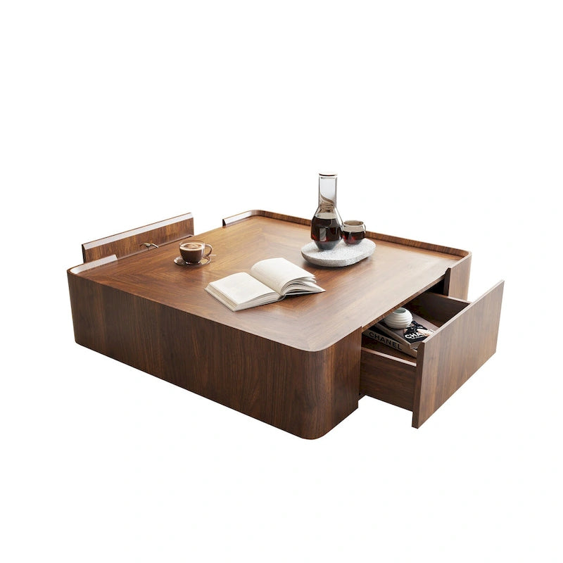 Table basse carrée de style Mid-Century Modern en bois avec tiroirs