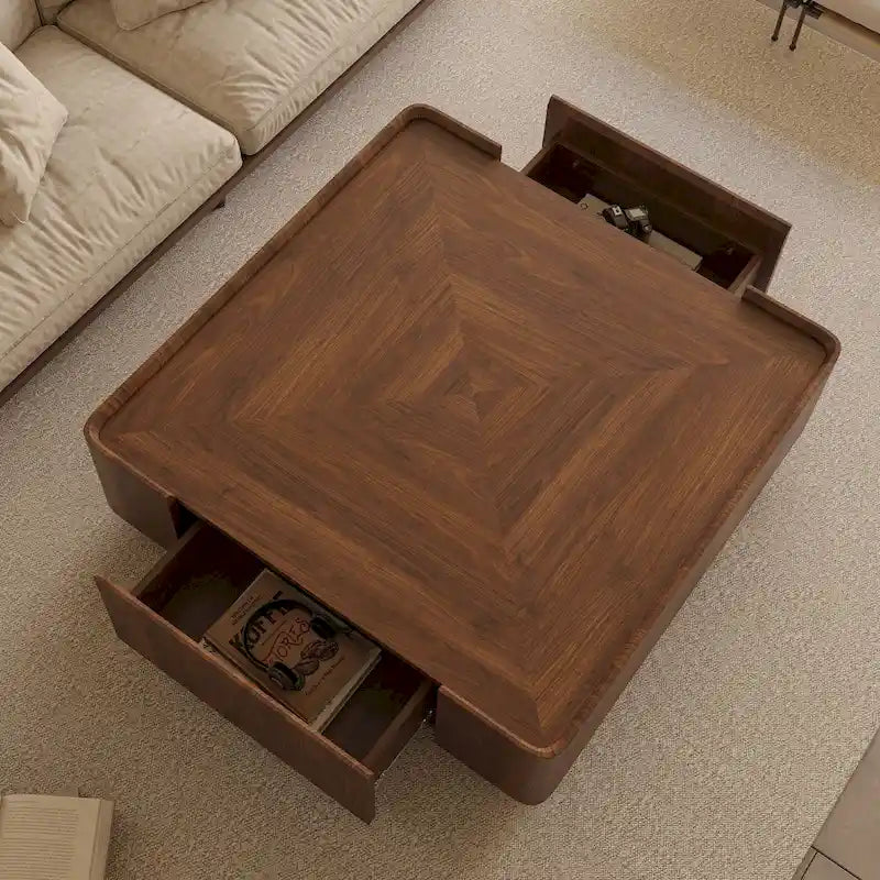 Table basse carrée de style Mid-Century Modern en bois avec tiroirs