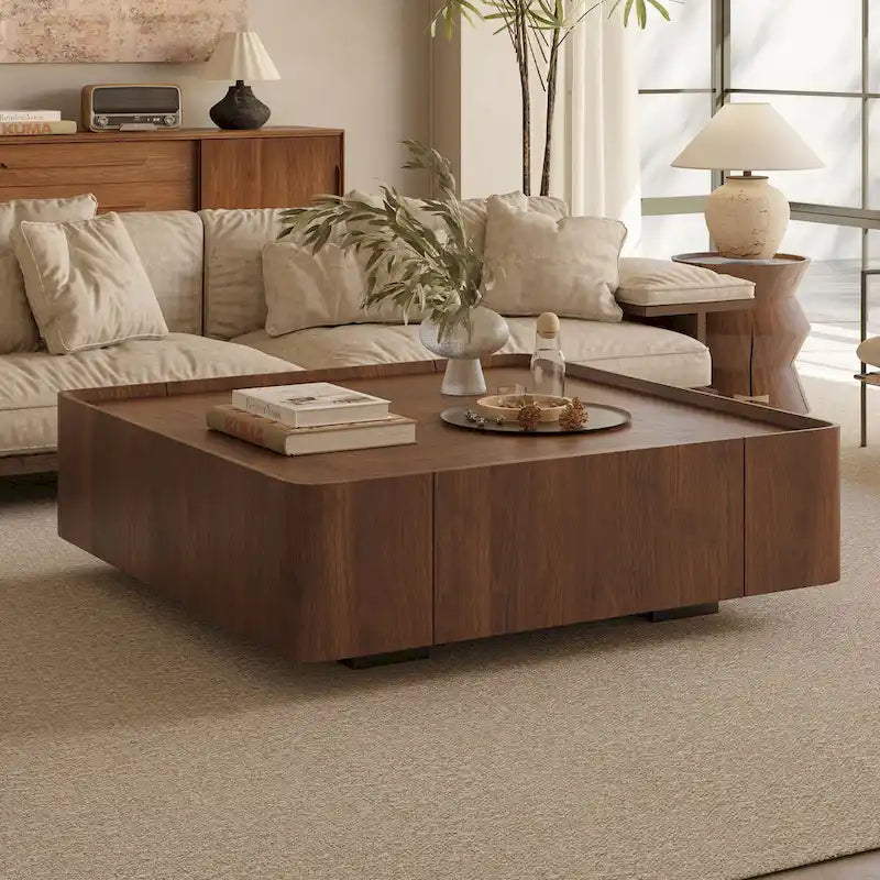 Table basse carrée de style Mid-Century Modern en bois avec tiroirs
