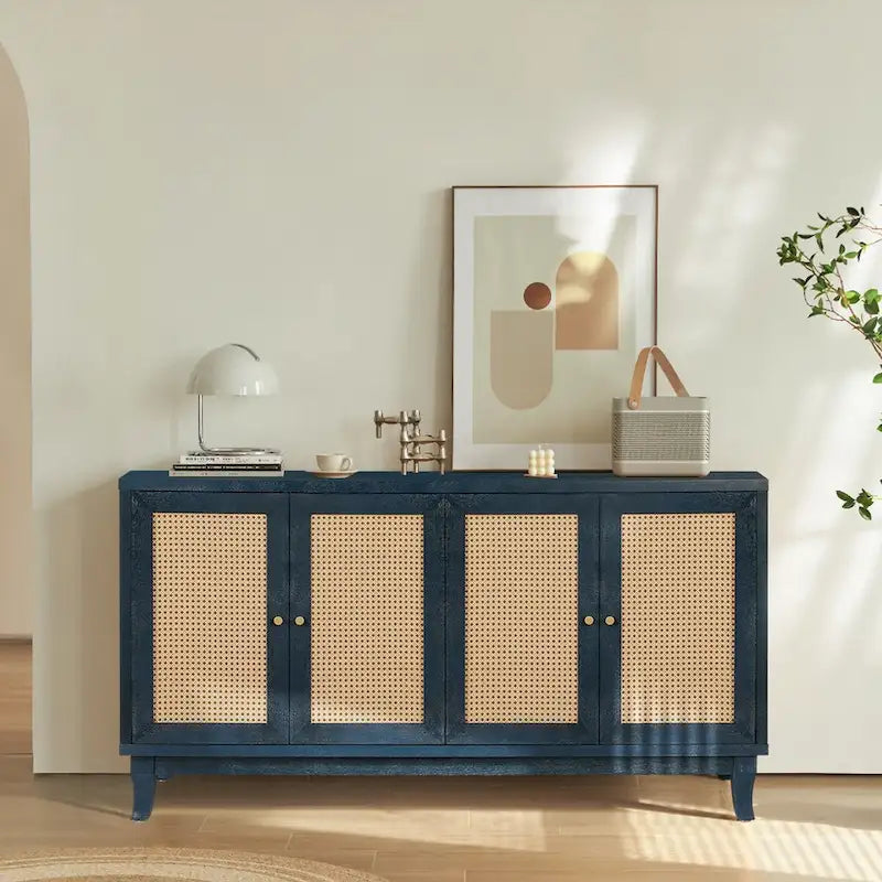 Panneaux en grain de qualité supérieure fabriqués à la main Roomfitters, buffet de chevet en rotin, meuble de rangement d'appoint, bleu marine - N/A
