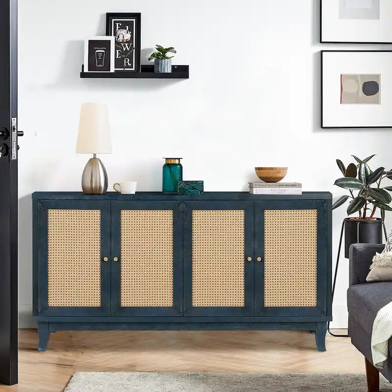 Panneaux en grain de qualité supérieure fabriqués à la main Roomfitters, buffet de chevet en rotin, meuble de rangement d'appoint, bleu marine - N/A