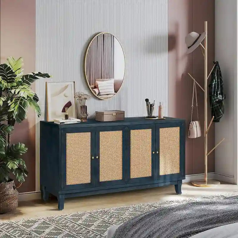 Panneaux en grain de qualité supérieure fabriqués à la main Roomfitters, buffet de chevet en rotin, meuble de rangement d'appoint, bleu marine - N/A