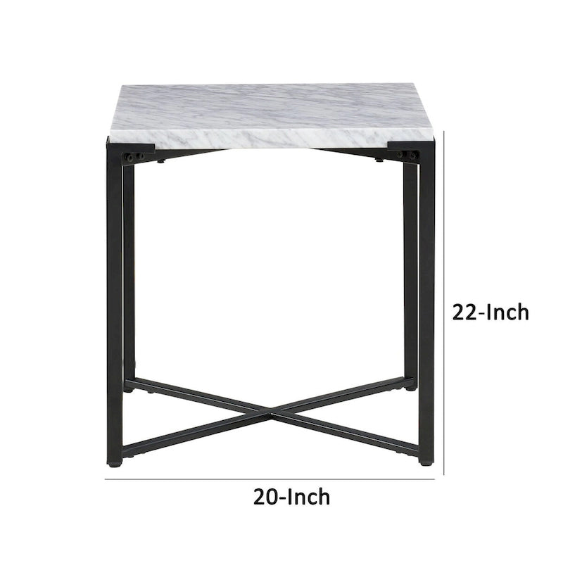 Table d'appoint/de chevet moderne 20 pouces, plateau en marbre de Carrare, structure en acier, gris lisse