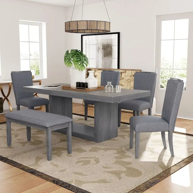 Ensemble de salle à manger contemporain 6 pièces avec table à pied central extensible de 198 cm
