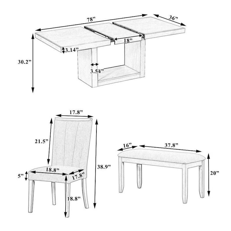 Ensemble de salle à manger contemporain 6 pièces avec table à pied central extensible de 198 cm