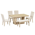 Ensemble de salle à manger contemporain 6 pièces avec table à pied central extensible de 198 cm