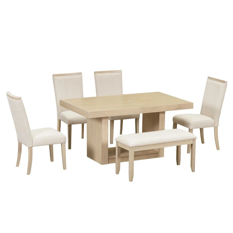 Ensemble de salle à manger contemporain 6 pièces avec table à pied central extensible de 198 cm