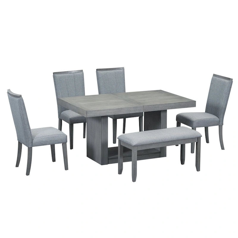 Ensemble de salle à manger contemporain 6 pièces avec table à pied central extensible de 198 cm
