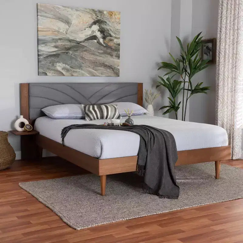 Lit plateforme Baxton Studio Hemera en tissu et bois avec table de chevet flottante Gris/Noyer marron