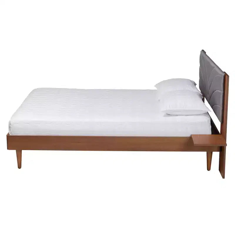 Lit plateforme Baxton Studio Hemera en tissu et bois avec table de chevet flottante Gris/Noyer marron