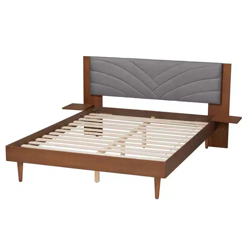 Lit plateforme Baxton Studio Hemera en tissu et bois avec table de chevet flottante Gris/Noyer marron