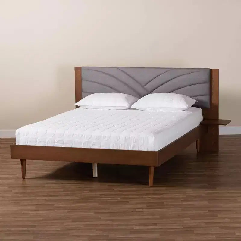 Lit plateforme Baxton Studio Hemera en tissu et bois avec table de chevet flottante Gris/Noyer marron