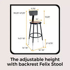 Tabouret de bar en acier avec dossier collection Felix, hauteur comptoir, 63,5-83,8 cm, Hampden Furnishings
