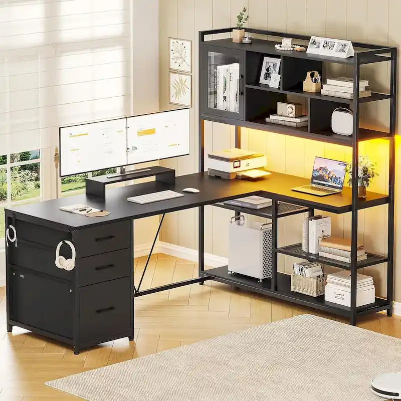 L Shaped Computer Desk 58 Office Desk with 3 Drawers and Bookshelf