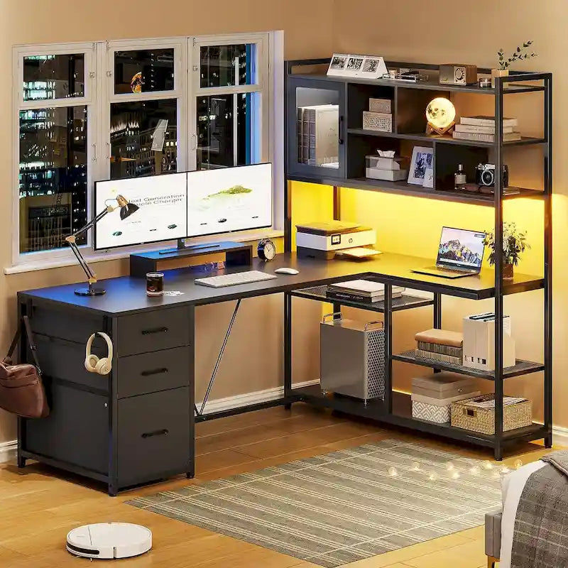 Bureau d'ordinateur en forme de L de 147 cm avec 3 tiroirs et étagère à livres