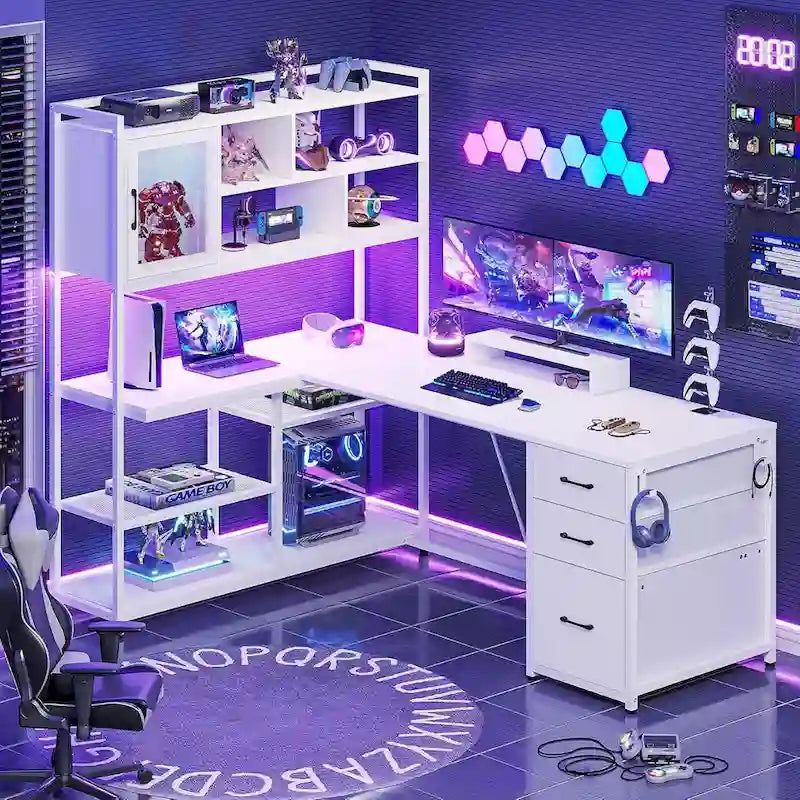 Bureau d'ordinateur en forme de L de 147 cm avec 3 tiroirs et étagère à livres