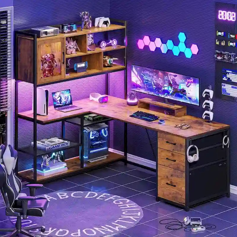 Bureau d'ordinateur en forme de L de 147 cm avec 3 tiroirs et étagère à livres