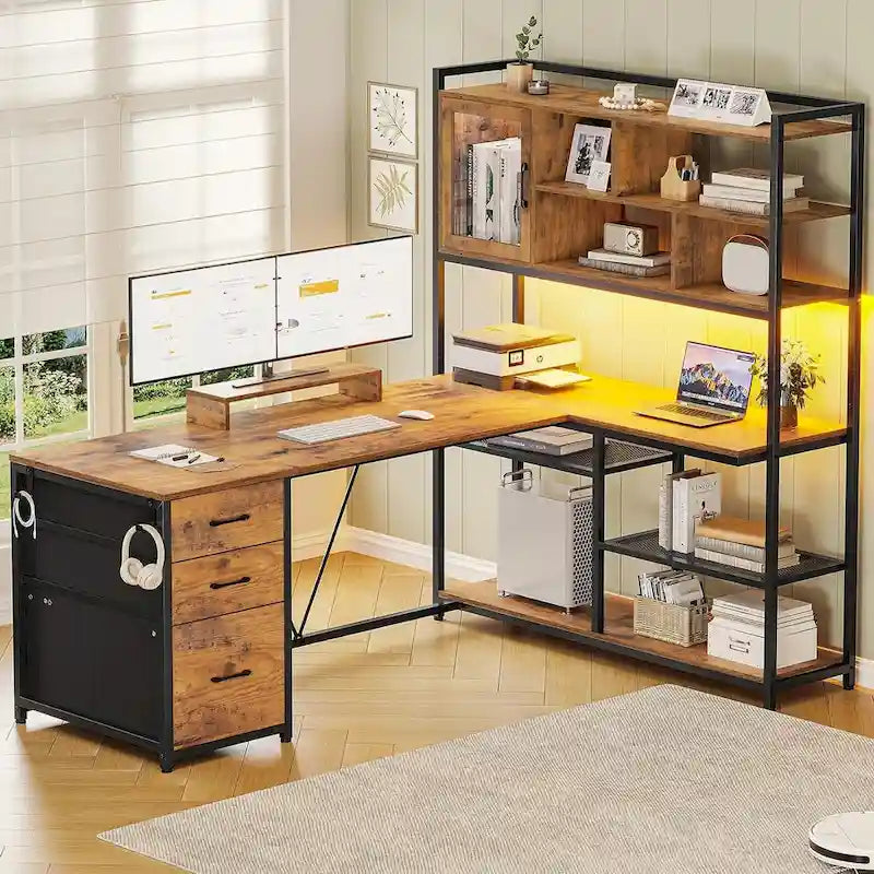 Bureau d'ordinateur en forme de L de 147 cm avec 3 tiroirs et étagère à livres