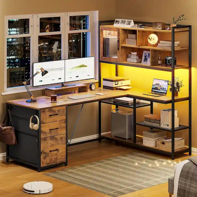 Bureau d'ordinateur en forme de L de 147 cm avec 3 tiroirs et étagère à livres
