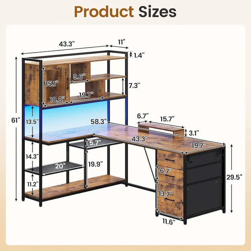 Bureau d'ordinateur en forme de L de 147 cm avec 3 tiroirs et étagère à livres