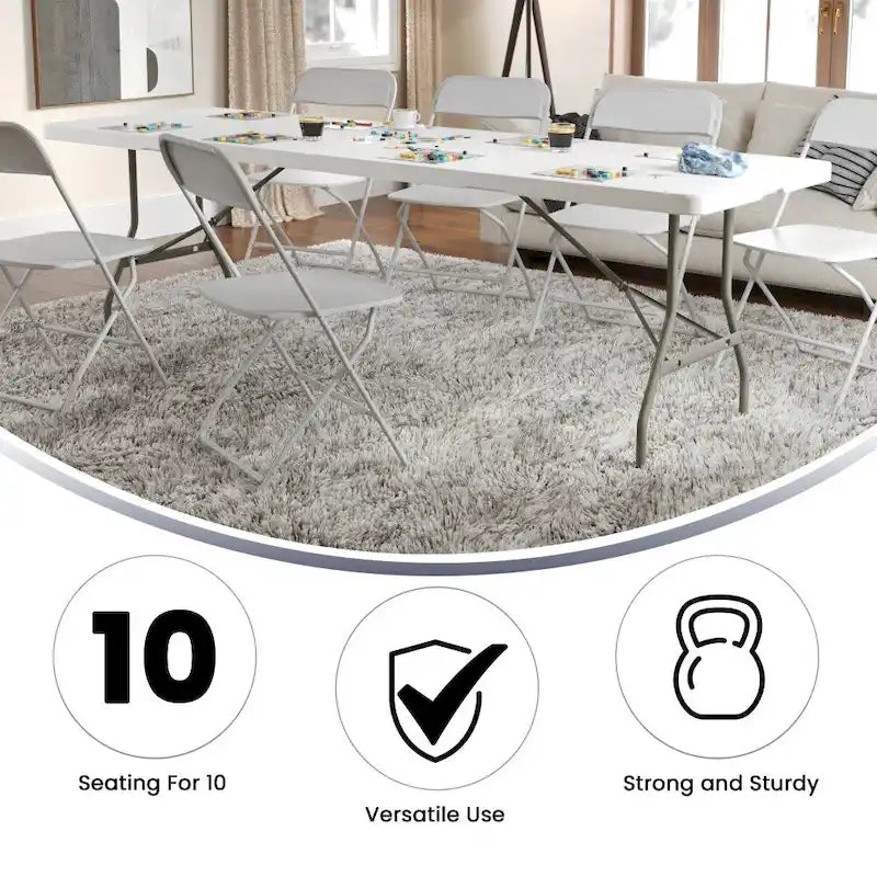 Table de réception pliable en plastique blanc imitation granit, 30 po L. x 96 po l., avec poignée de transport