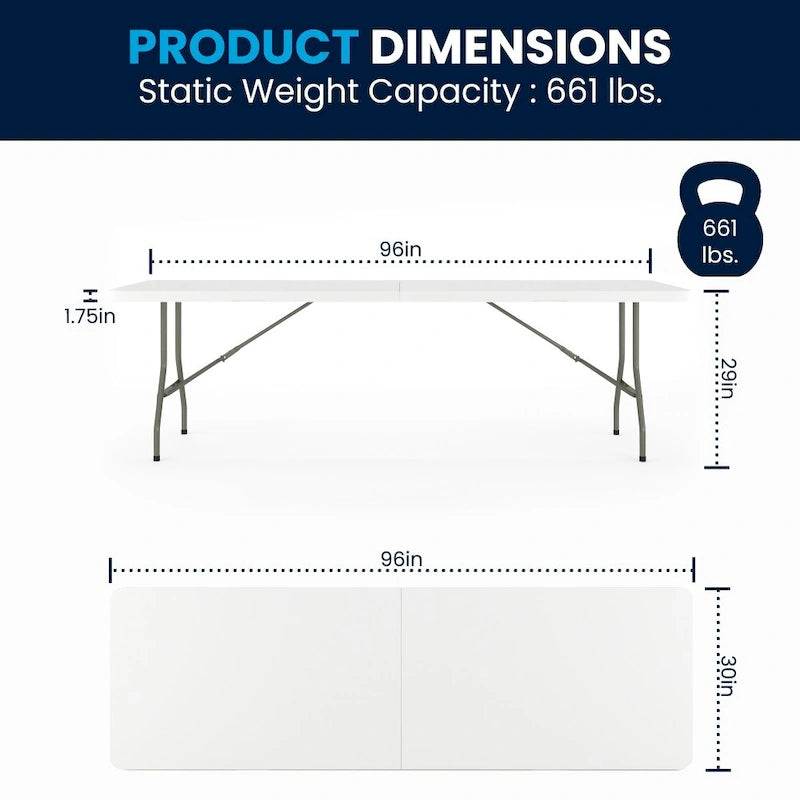 Table de réception pliable en plastique blanc imitation granit, 30 po L. x 96 po l., avec poignée de transport