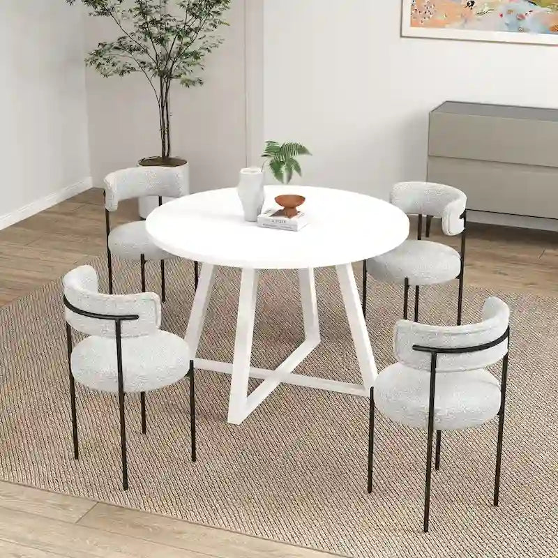 Ensemble de salle à manger rond 5 pièces Roundhill Durban, table à manger à tréteaux avec 4 chaises en bouclette