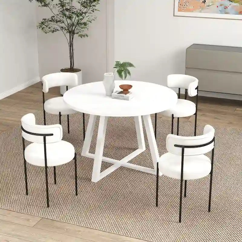 Ensemble de salle à manger rond 5 pièces Roundhill Durban, table à manger à tréteaux avec 4 chaises en bouclette