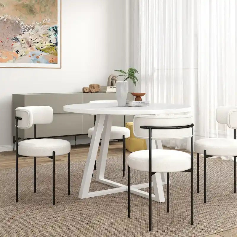 Ensemble de salle à manger rond 5 pièces Roundhill Durban, table à manger à tréteaux avec 4 chaises en bouclette