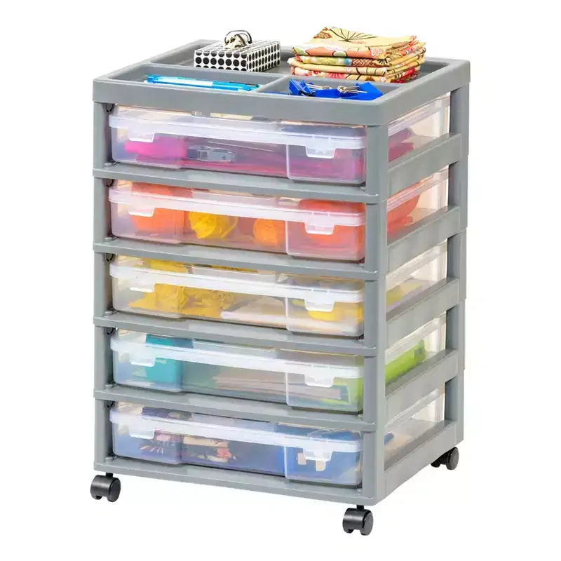 IRIS Meuble de rangement à roulettes en plastique avec 5 tiroirs pour scrapbooking, plateau de rangement et roulettes
