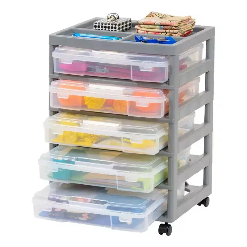 IRIS Meuble de rangement à roulettes en plastique avec 5 tiroirs pour scrapbooking, plateau de rangement et roulettes