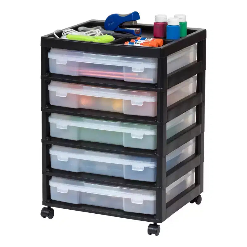 IRIS Meuble de rangement à roulettes en plastique avec 5 tiroirs pour scrapbooking, plateau de rangement et roulettes