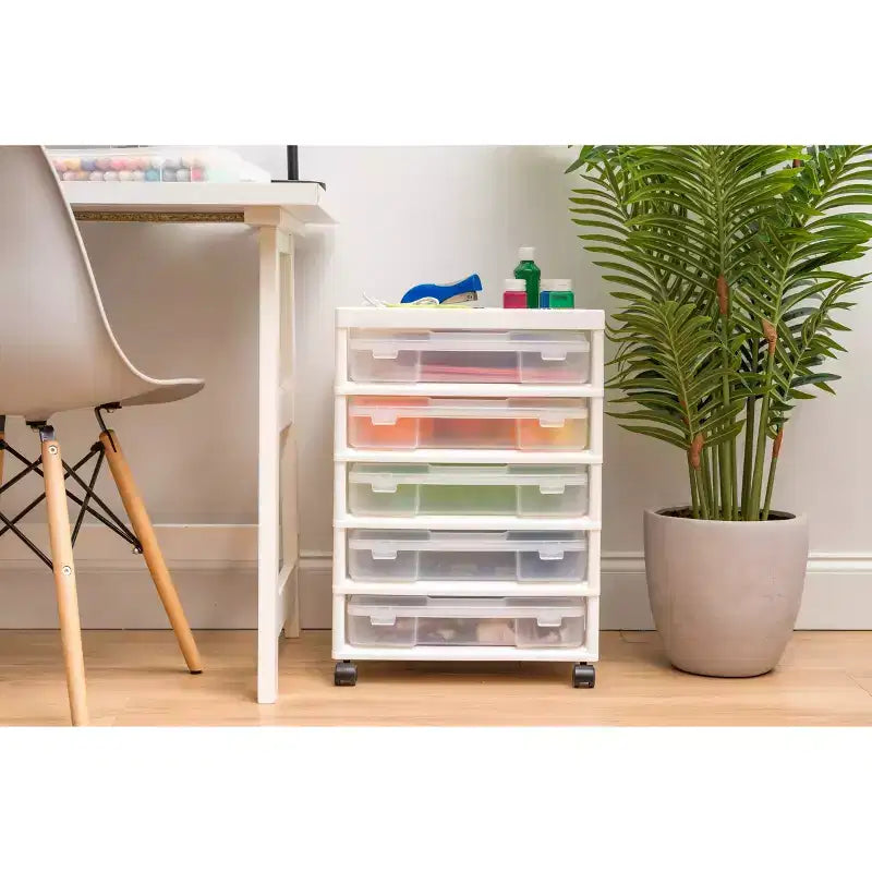 IRIS Meuble de rangement à roulettes en plastique avec 5 tiroirs pour scrapbooking, plateau de rangement et roulettes