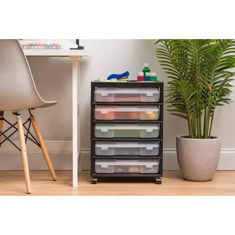 IRIS Meuble de rangement à roulettes en plastique avec 5 tiroirs pour scrapbooking, plateau de rangement et roulettes