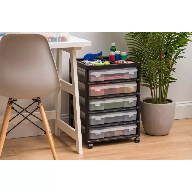 IRIS Meuble de rangement à roulettes en plastique avec 5 tiroirs pour scrapbooking, plateau de rangement et roulettes