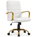 Chaise de Bureau Yaheetech à Dossier Mi-Haut avec Cadre Doré, Chaise de Bureau de Direction en Cuir PU, Blanc - N/A