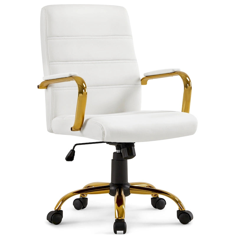 Chaise de Bureau Yaheetech à Dossier Mi-Haut avec Cadre Doré, Chaise de Bureau de Direction en Cuir PU, Blanc - N/A