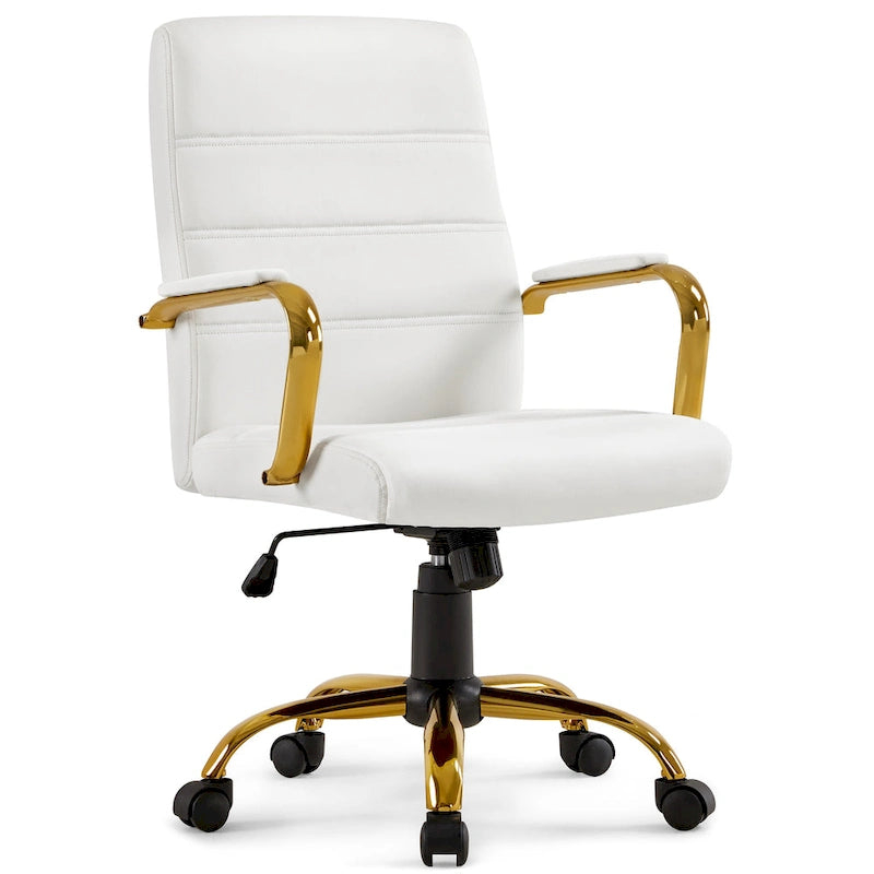 Chaise de Bureau Yaheetech à Dossier Mi-Haut avec Cadre Doré, Chaise de Bureau de Direction en Cuir PU, Blanc - N/A