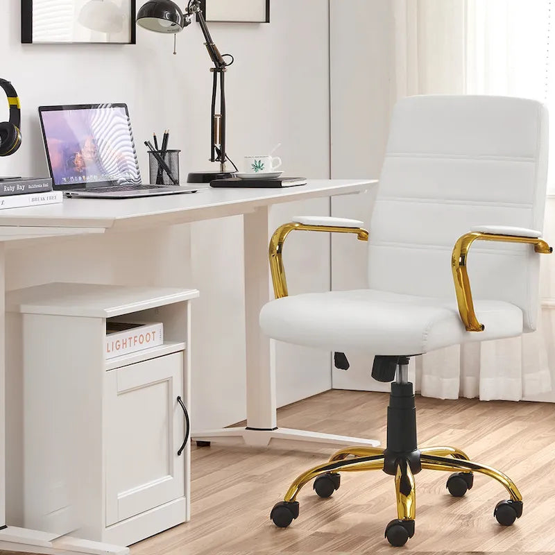 Chaise de Bureau Yaheetech à Dossier Mi-Haut avec Cadre Doré, Chaise de Bureau de Direction en Cuir PU, Blanc - N/A