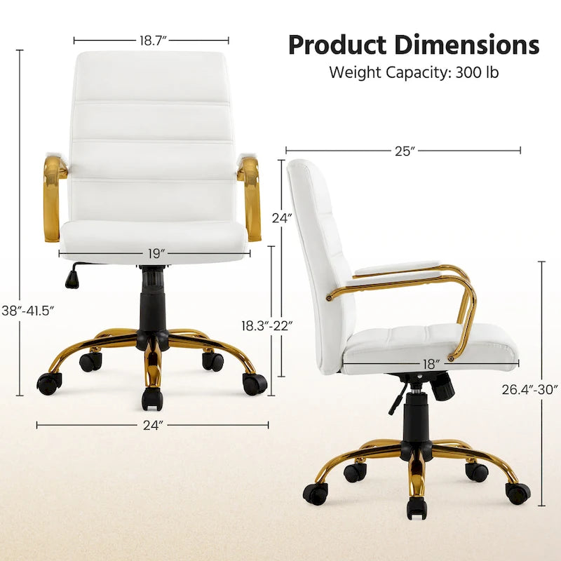 Chaise de Bureau Yaheetech à Dossier Mi-Haut avec Cadre Doré, Chaise de Bureau de Direction en Cuir PU, Blanc - N/A
