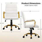 Chaise de Bureau Yaheetech à Dossier Mi-Haut avec Cadre Doré, Chaise de Bureau de Direction en Cuir PU, Blanc - N/A