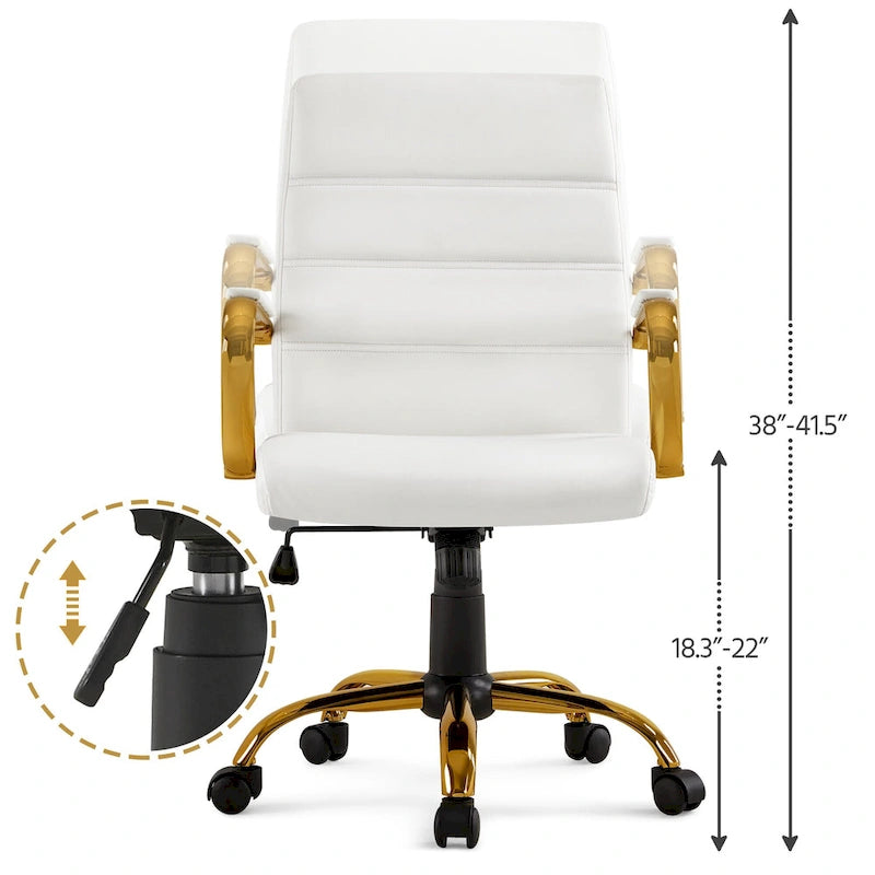 Chaise de Bureau Yaheetech à Dossier Mi-Haut avec Cadre Doré, Chaise de Bureau de Direction en Cuir PU, Blanc - N/A