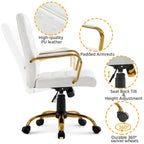 Chaise de Bureau Yaheetech à Dossier Mi-Haut avec Cadre Doré, Chaise de Bureau de Direction en Cuir PU, Blanc - N/A