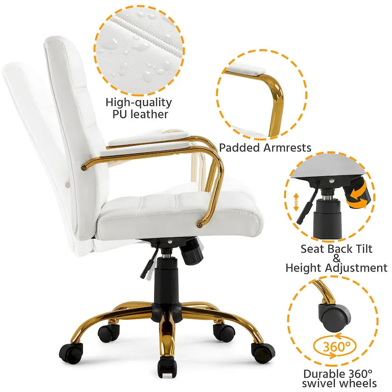 Chaise de Bureau Yaheetech à Dossier Mi-Haut avec Cadre Doré, Chaise de Bureau de Direction en Cuir PU, Blanc - N/A