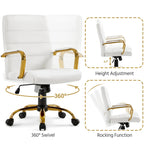 Chaise de Bureau Yaheetech à Dossier Mi-Haut avec Cadre Doré, Chaise de Bureau de Direction en Cuir PU, Blanc - N/A
