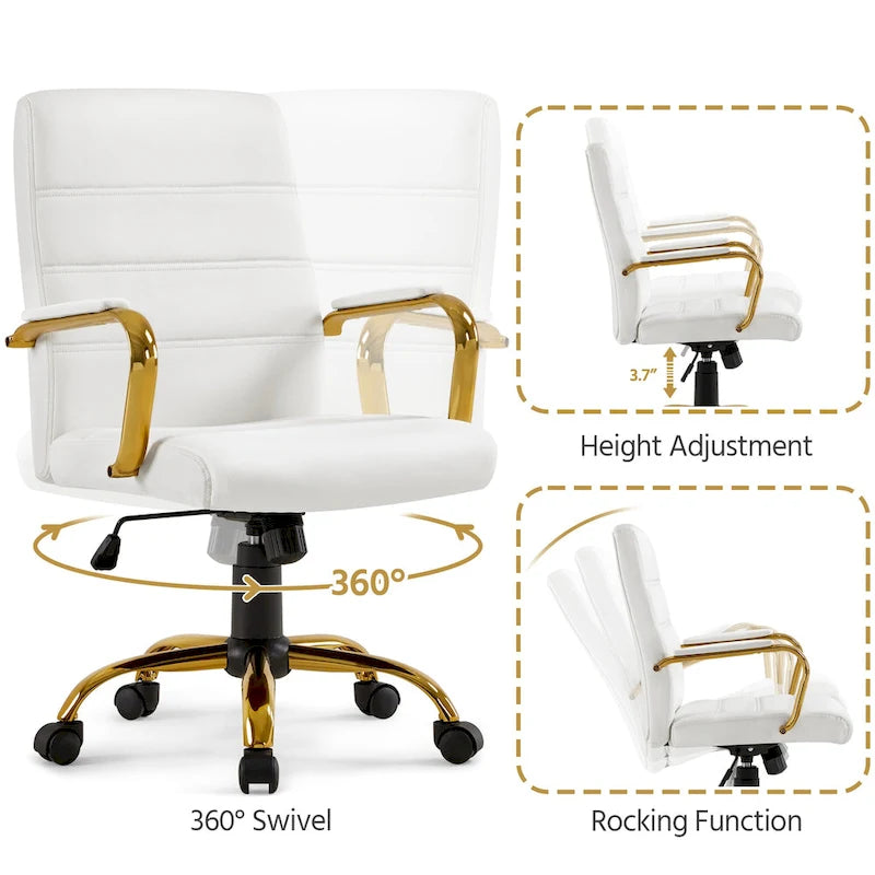 Chaise de Bureau Yaheetech à Dossier Mi-Haut avec Cadre Doré, Chaise de Bureau de Direction en Cuir PU, Blanc - N/A