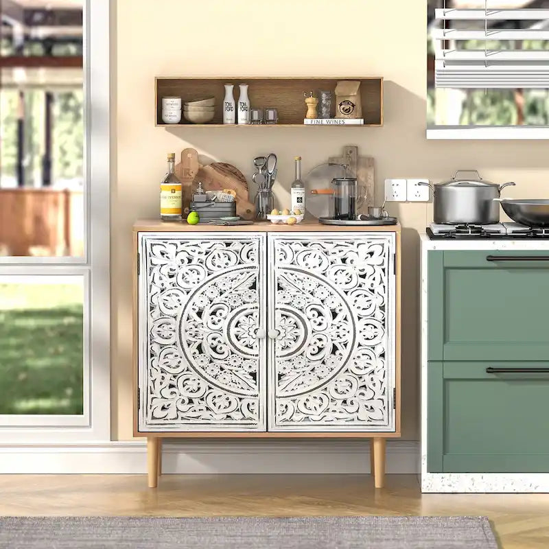 Anmytek Buffet et vaisselier en bois sculpté creux à 2 portes pour salon - 80 cm (L) x 35 cm (P) x 78 cm (H)