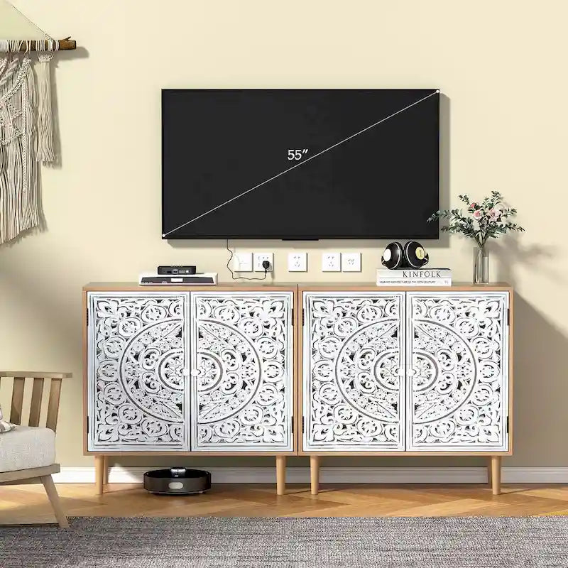 Anmytek Buffet et vaisselier en bois sculpté creux à 2 portes pour salon - 80 cm (L) x 35 cm (P) x 78 cm (H)