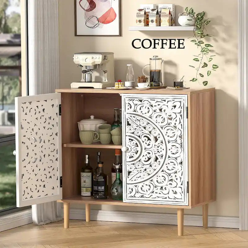 Anmytek Buffet et vaisselier en bois sculpté creux à 2 portes pour salon - 80 cm (L) x 35 cm (P) x 78 cm (H)